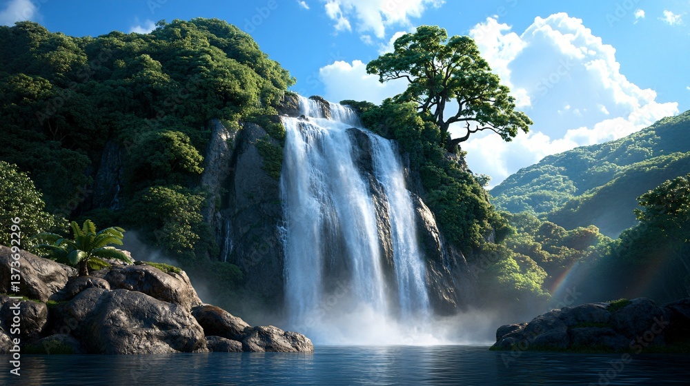 Fototapeta premium Majestic Waterfall Surrounded by Lush Greenery and Blue Sky