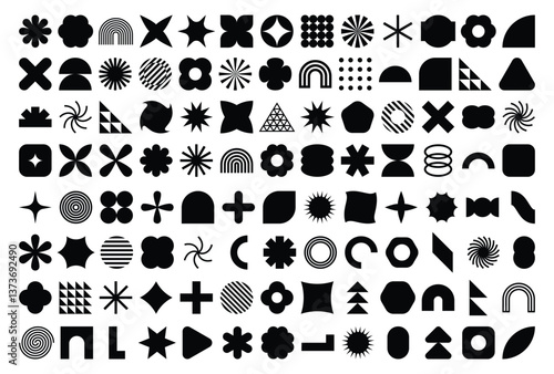 Set of 104 retro geometric shapes set. Brutalist style abstract elements. Vector illustration