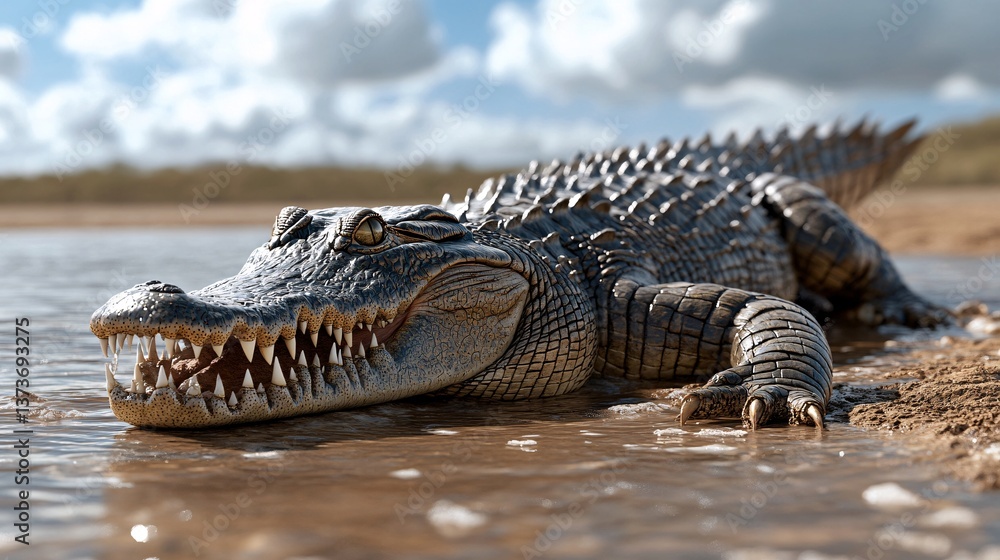 Naklejka premium Realistic Close-Up of a Crocodile on a Riverbank During Daylight
