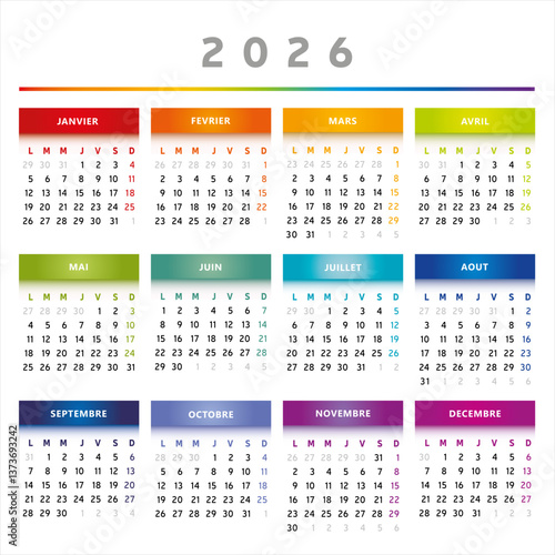 Calendrier 2026 en Français - Couleurs Arc-en-Ciel Format 4 Trimestres