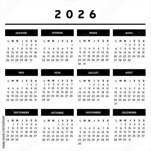 Calendrier 2026 en Français - Couleurs Noir et Blanc Format 4 Mois en Ligne 4 Trimestres