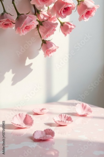 Delicate Pink Roses and Petals on a Soft Pink Surface in Sunlit Room