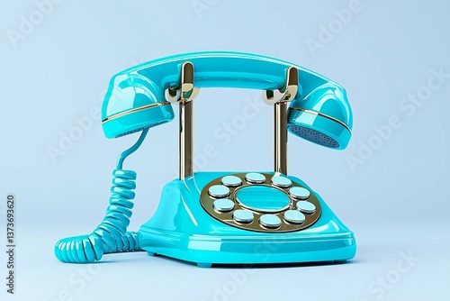 Vintage turquoise telephone with classic rotary dial on blue background.