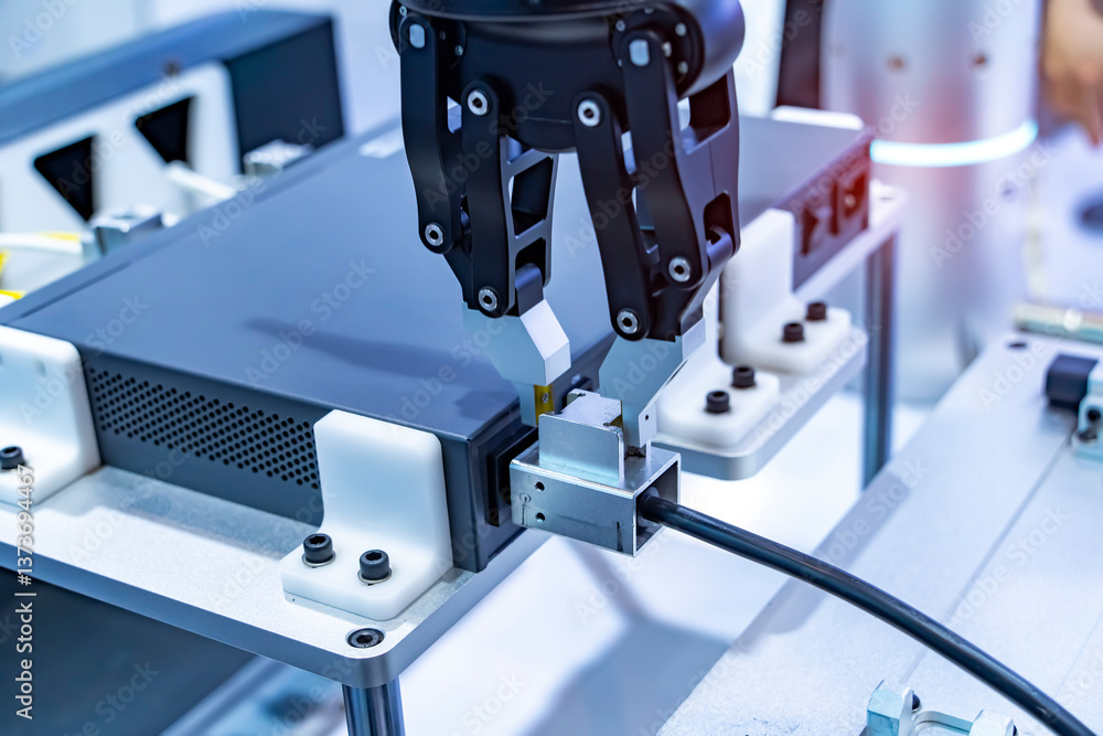 Naklejka premium industrial machine and factory robot arm holding network cable plug,Smart factory industry 4.0 concept.