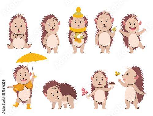 Lovely hedgehogs. Cute funny wild forest animals. Prickly cartoon character in various poses. Vector isolated illustration