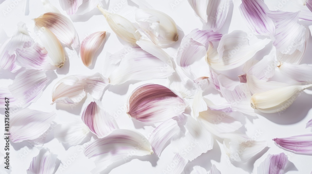 Obraz premium Delicate white and purple garlic husks are scattered on a white background