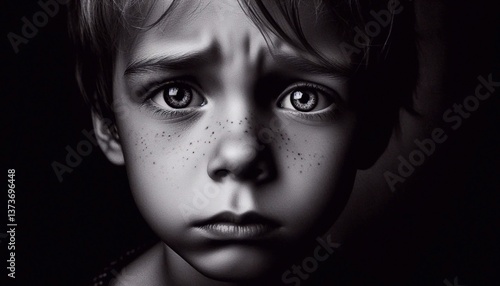 Wallpaper Mural Sad child, black and white portrait, contrast view, big eyes, face on black background Torontodigital.ca