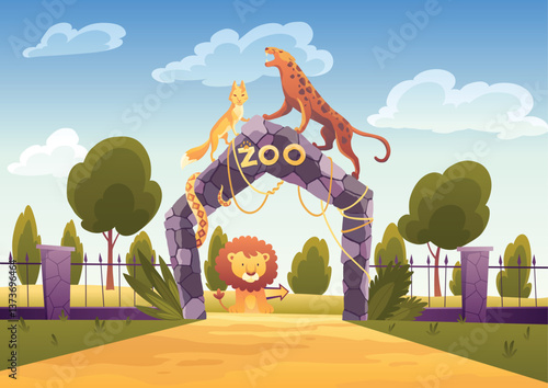 Zoo entrance gates with stone arch and signboard. African animals. Zoological garden for wild animals with green bushes and trees. Vector illustration in cartoon style