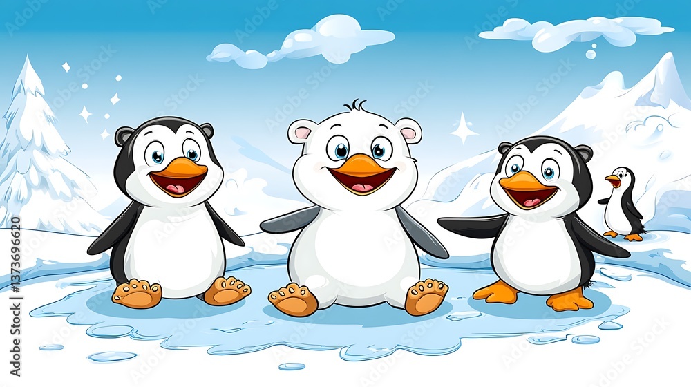 Obraz premium Cheerful Penguins and Polar Bear Cub on Icy Landscape