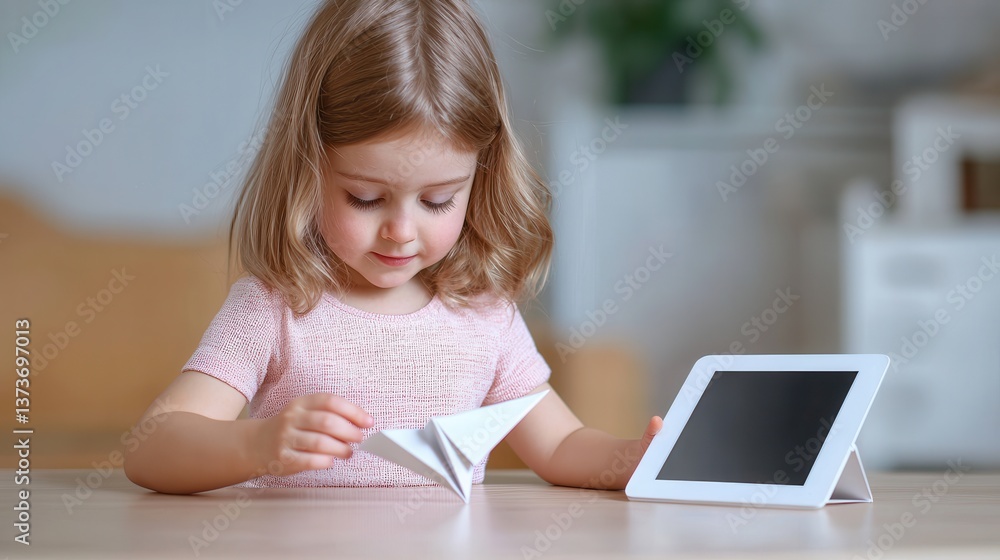 A young girl is focused on creating origami while a tablet rests beside her, showcasing a blend of traditional crafts and modern technology. A young girl is focused on creating origami while a tablet rests beside her, showcasing a blend of traditional crafts and modern technology.