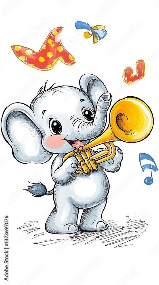 Obraz premium Cute Cartoon Elephant Playing a Golden Trumpet