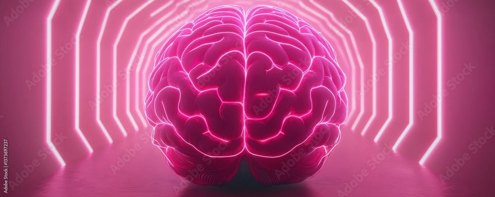 Obraz premium NFT digital art and animation, A vibrant, neon pink brain sits at the center of a futuristic corridor, illuminated by glowing geometric lines, suggesting themes of intelligence and technology.