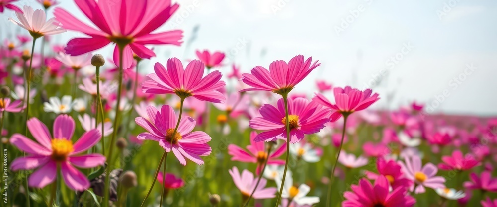 Vast cosmos flower field, vibrant pink and white blooms swaying gently in breeze, autumn, flowers Vast cosmos flower field, vibrant pink and white blooms swaying gently in breeze, autumn, flowers