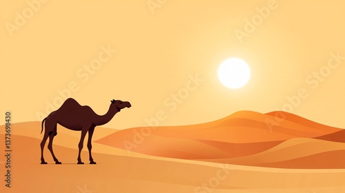 Camel Silhouette Against Sunset in Desert Landscape Illustration
