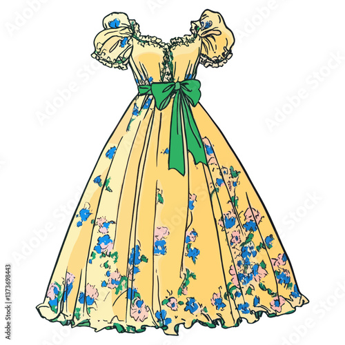 Elegant ball gown in the style of Art Nouveau pattern illustration fashion vector