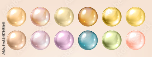 Collection of twelve multicolored pearls displayed in rows on soft beige background showcasing rich spectrum of pearl tones for design and art projects. Collagen serum realistic vector concept.