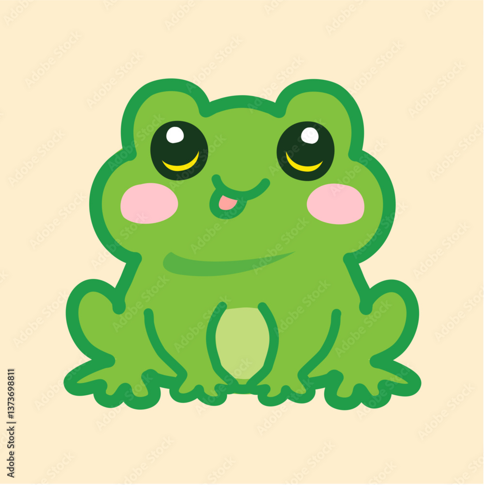 Cute cartoon frog with large eyes and rosy cheeks sitting on light background. Adorable expression captures playful, joyful essence. Cartoon, doodle, adorable, vector concept. Cute cartoon frog with large eyes and rosy cheeks sitting on light background. Adorable expression captures playful, joyful essence. Cartoon, doodle, adorable, vector concept.