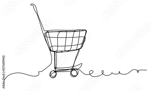 Simple line art of shopping cart in minimalist style, black and white, representing elegance and simplicity in retail design with copy space. Line art editable continuous concept.
