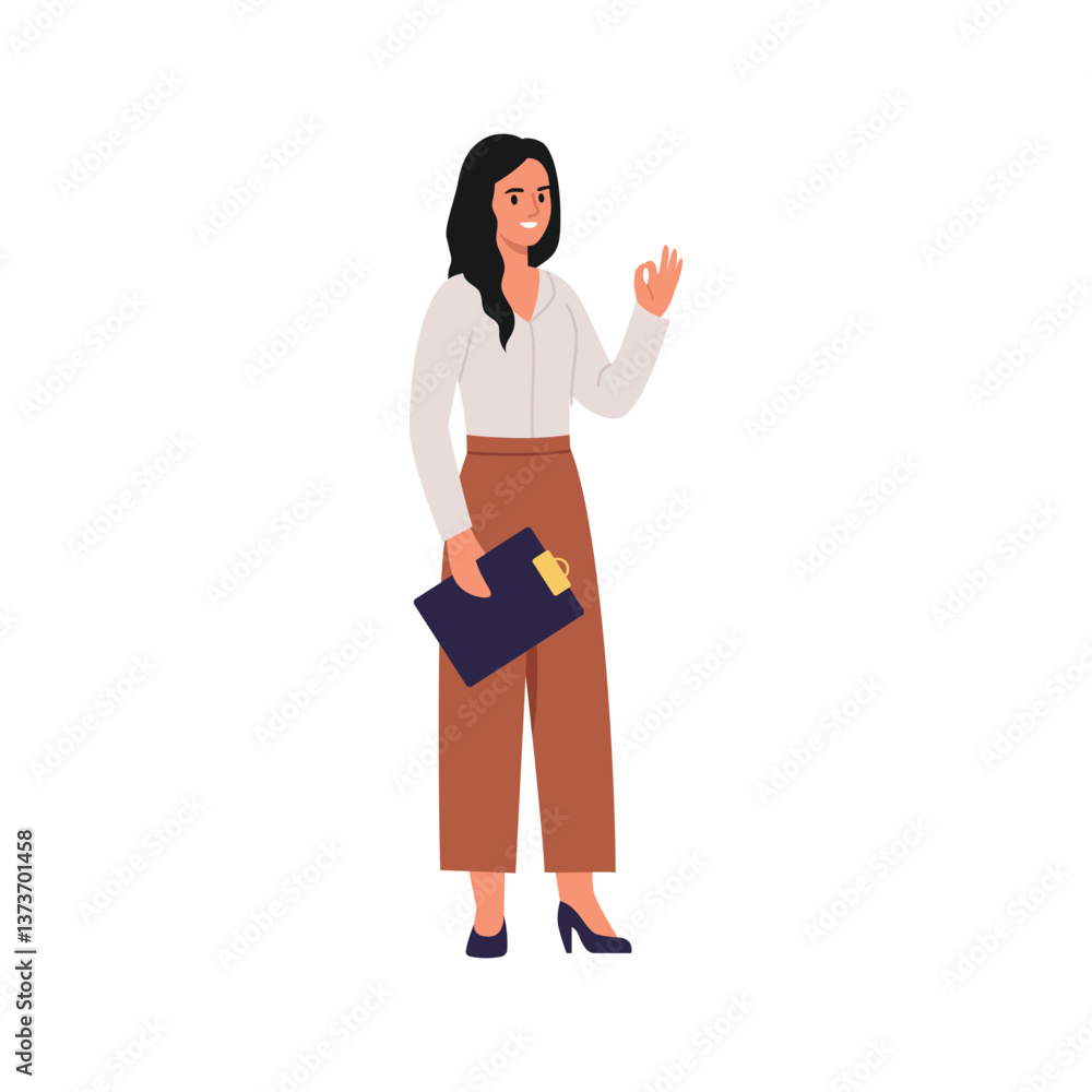 Vector illustration of a business woman showing an okay gesture. Cartoon scene of a woman dressed in a white blouse, brown pants, high heels, holding a tablet for paper,isolated on a white background. Vector illustration of a business woman showing an okay gesture. Cartoon scene of a woman dressed in a white blouse, brown pants, high heels, holding a tablet for paper,isolated on a white background.