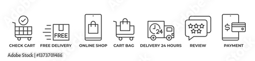 Effortless Online Shopping Icons set vector illustration with CHECK CART, FREE DELIVERY, ONLINE SHOP, CART BAG, DELIVERY 24 HOURS, REVIEW, PAYMENT