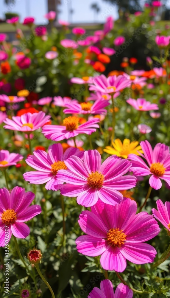 Cosmos flowers blooming in vibrant garden, sunlight illuminating petals, soft, white, plant Cosmos flowers blooming in vibrant garden, sunlight illuminating petals, soft, white, plant
