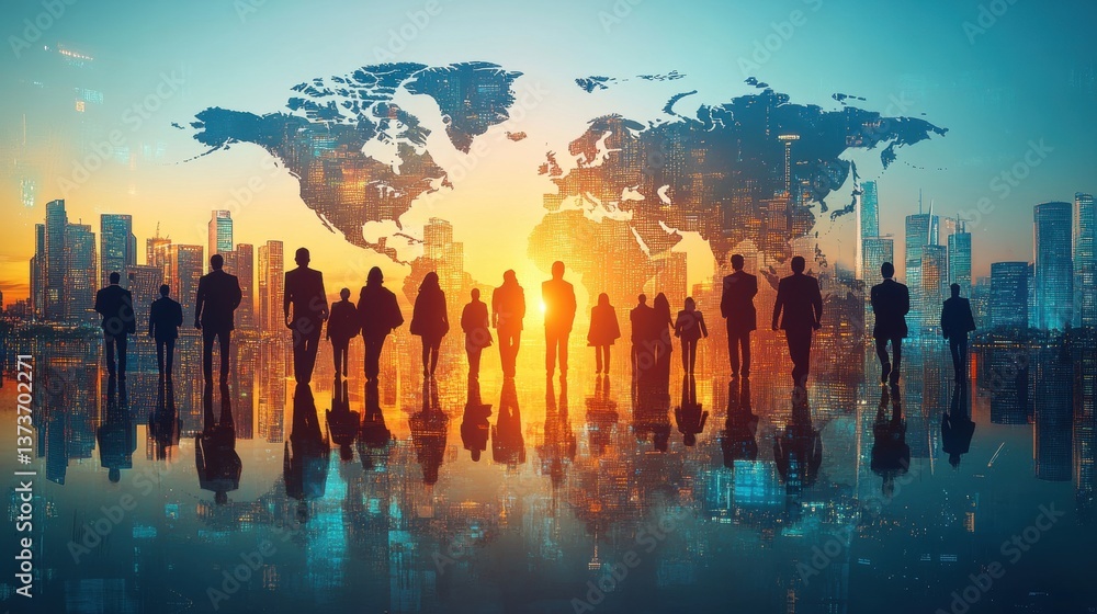 Silhouetted business figures against global map with city skyline at sunset Silhouetted business figures against global map with city skyline at sunset