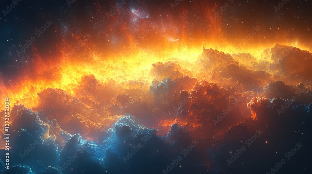 Naklejka premium Beautiful Scarlet Filaments Extending into a Colorful Fractured Rainbow Horizon