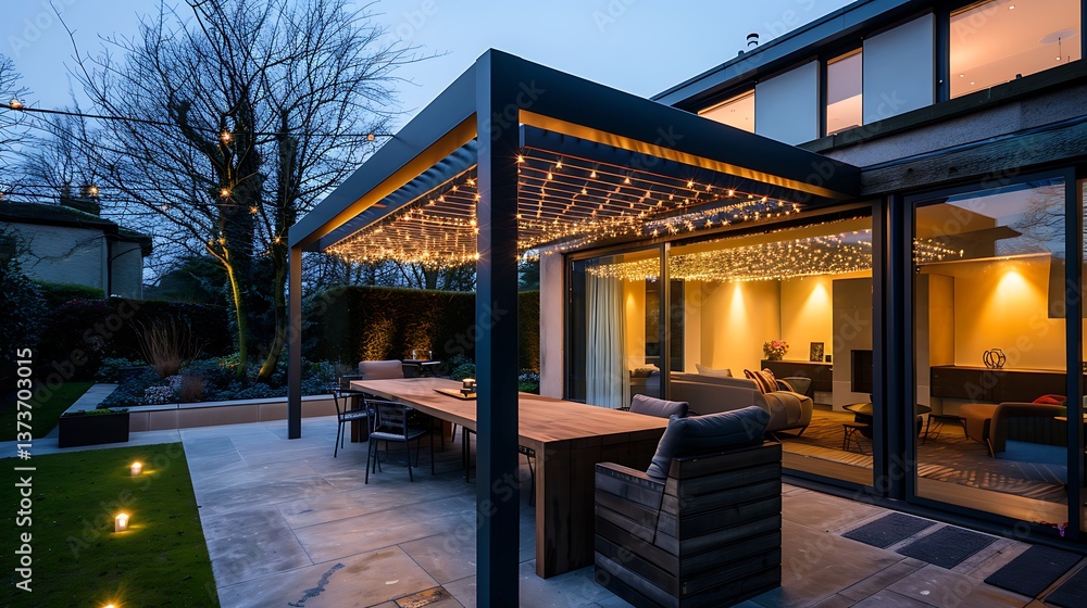 Obraz premium Modern Outdoor Patio Design with String Lights Evening Garden Pergola Dinner Table