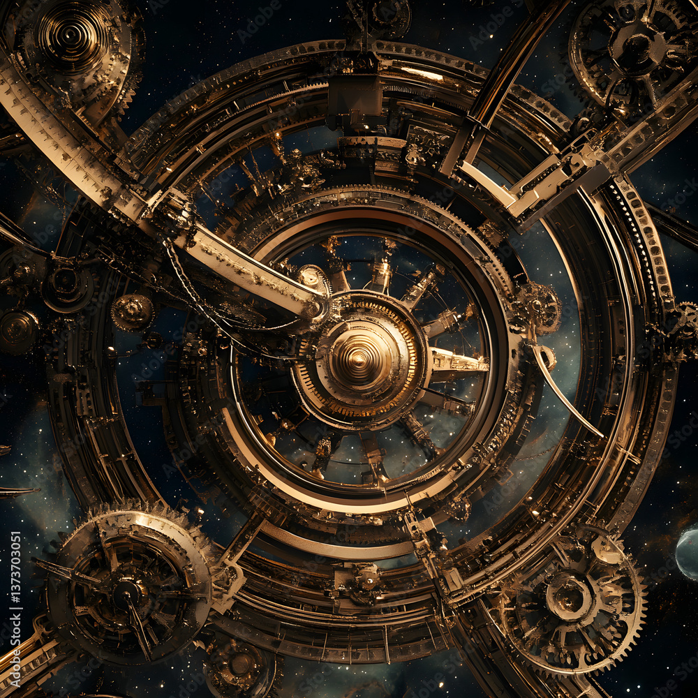 Obraz premium Celestial Clockwork A Golden Mechanism in Space