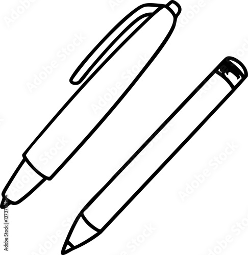Two pens, one ballpoint and one pencil, are illustrated in a simple line drawing style.
