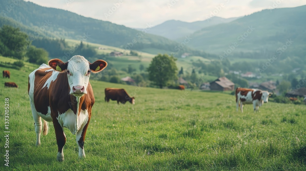 Obraz premium cows pacing peacefully in a green field