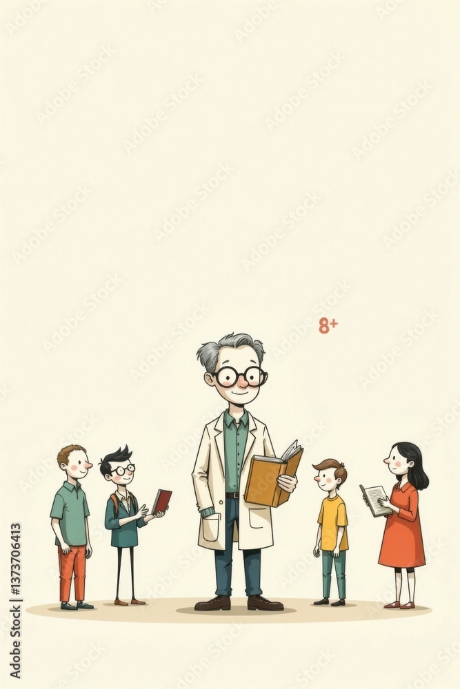 A large professor stands with four students, each holding a book, illustrating the joy of reading and learning together A large professor stands with four students, each holding a book, illustrating the joy of reading and learning together