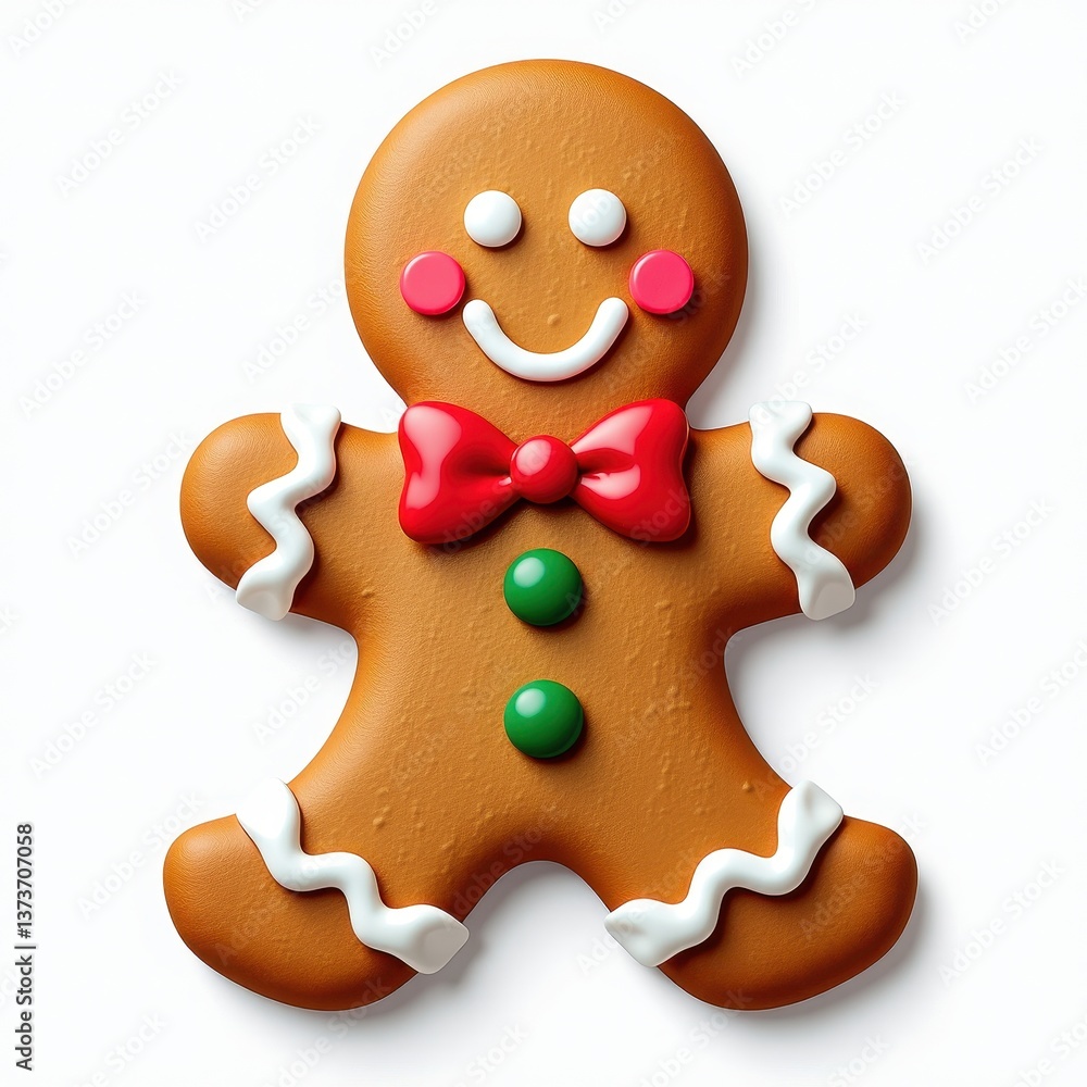 Cheerful Gingerbread Man with Bow Tie and Sweet Details. A gingerbread man with a red bow tie and white icing. Cheerful Gingerbread Man with Bow Tie and Sweet Details. A gingerbread man with a red bow tie and white icing.