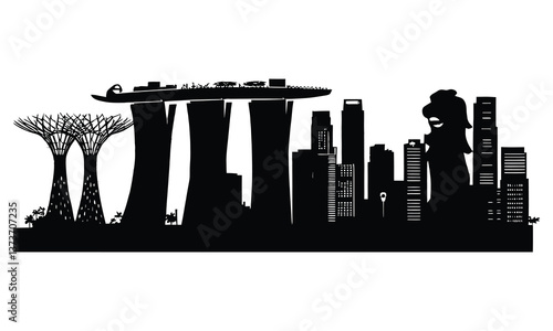 Singapore City Skyline Silhouette, Vector, Icon, Logo, White Background.