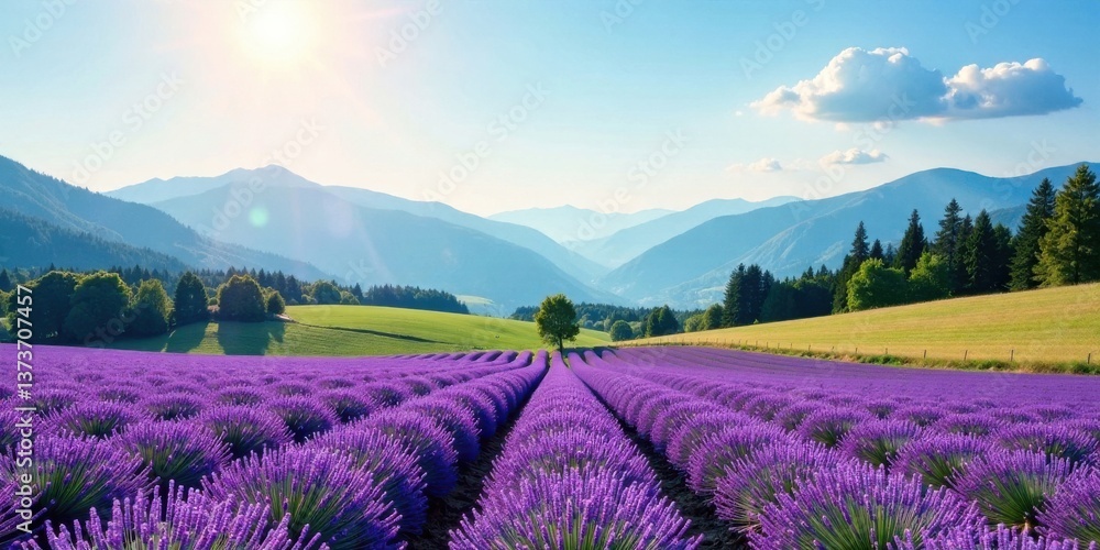 Obraz premium Serene Lavender Field Basking in the Warm Glow of a Summer Sun, Nestled Amidst Rolling Green Hills and Majestic Mountains