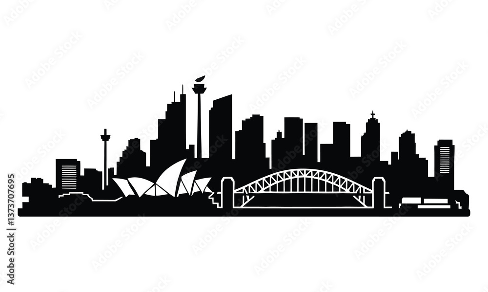 Naklejka premium Sydney City Skyline Silhouette, Vector, Icon, Logo, White Background.