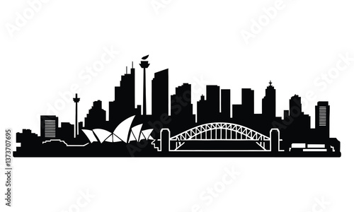 Sydney City Skyline Silhouette, Vector, Icon, Logo, White Background.