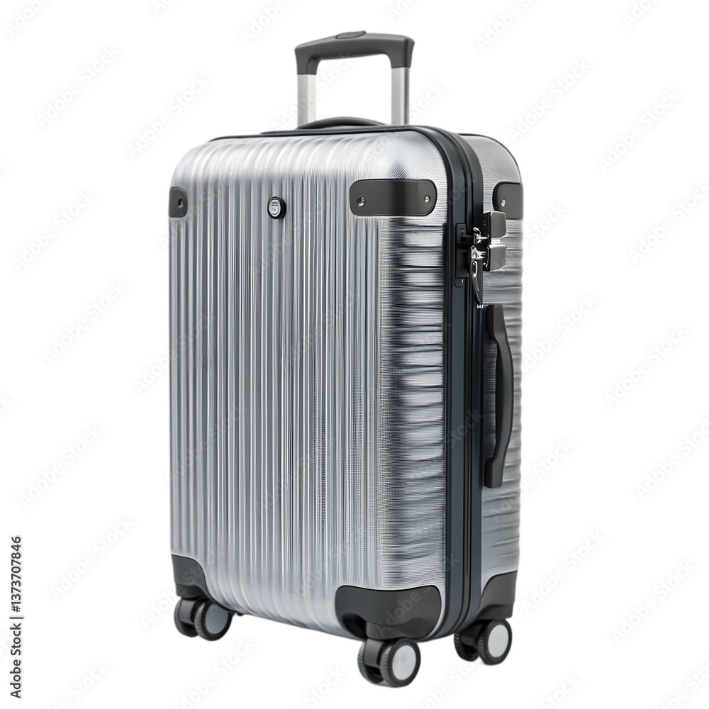 A silver suitcase with a retractable handle and wheels on a black background in a studio setting A silver suitcase with a retractable handle and wheels on a black background in a studio setting