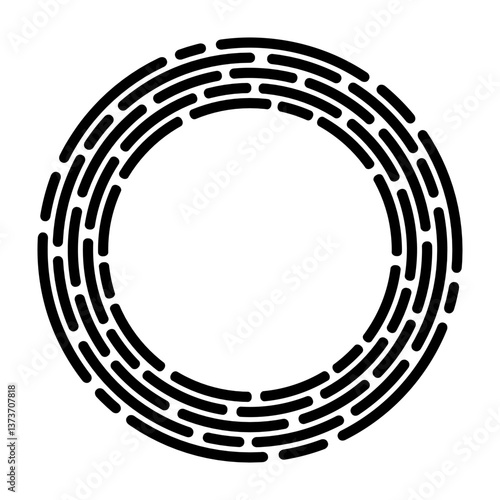 Concentric segments of circles. Segmented black circle. Dashed lines following a circle path. Design element. Abstract geometric black curved shapes isolated on white background. Vector illustration.