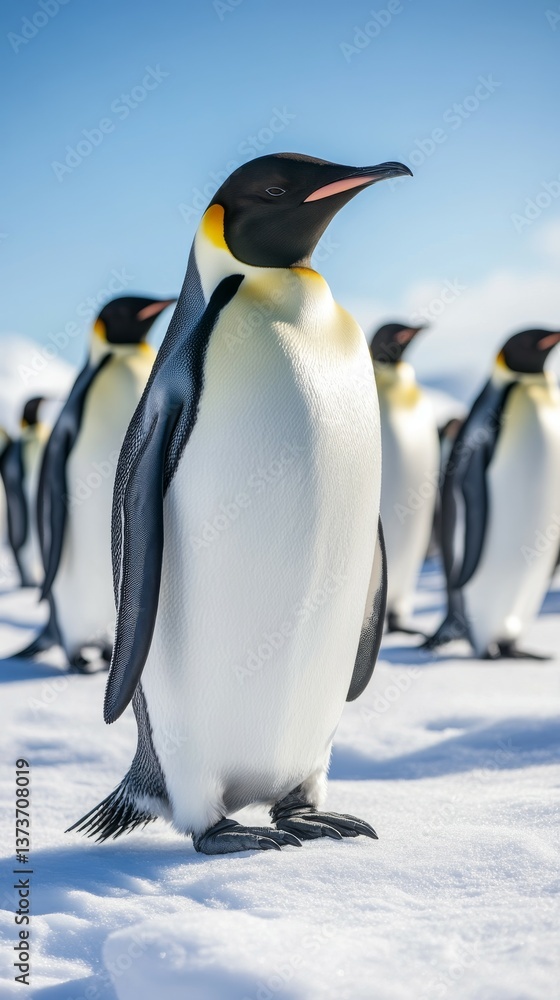 Fototapeta premium emperor penguins standing proudly in the snow under clear skies during antarctic daytime