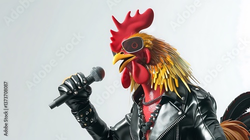 Cool Rooster Rock Star Singing into Microphone Wearing Leather Jacket