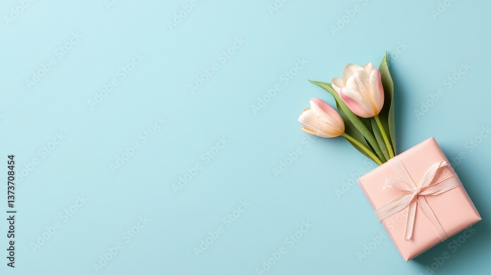 Fototapeta premium Soft pink tulips in gift box on calming blue backdrop evoke love