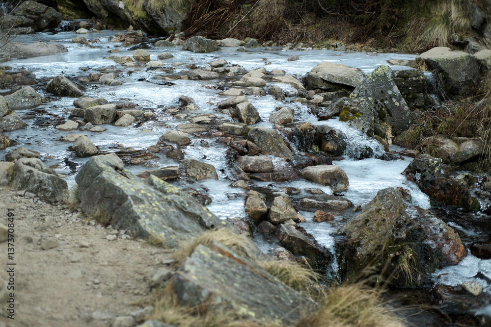 Mountain stream, waterfall, mountain cascade