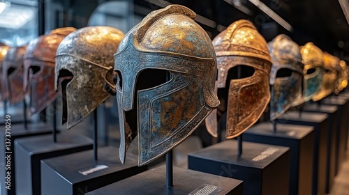 Ancient Bronze Helmets Displayed in a Museum as Warrior Relics