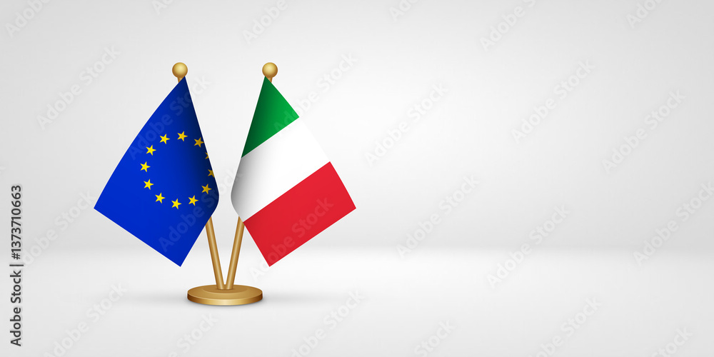 EU vs Italy desk flags mockup 3d illustration. Versus flag of European Union EU vs Italy desk flags mockup 3d illustration. Versus flag of European Union