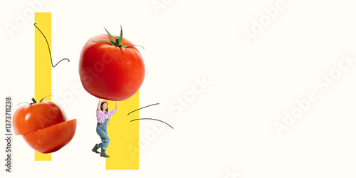 Fotografie Smiling woman lifting giant tomato beside sliced twin floating in space