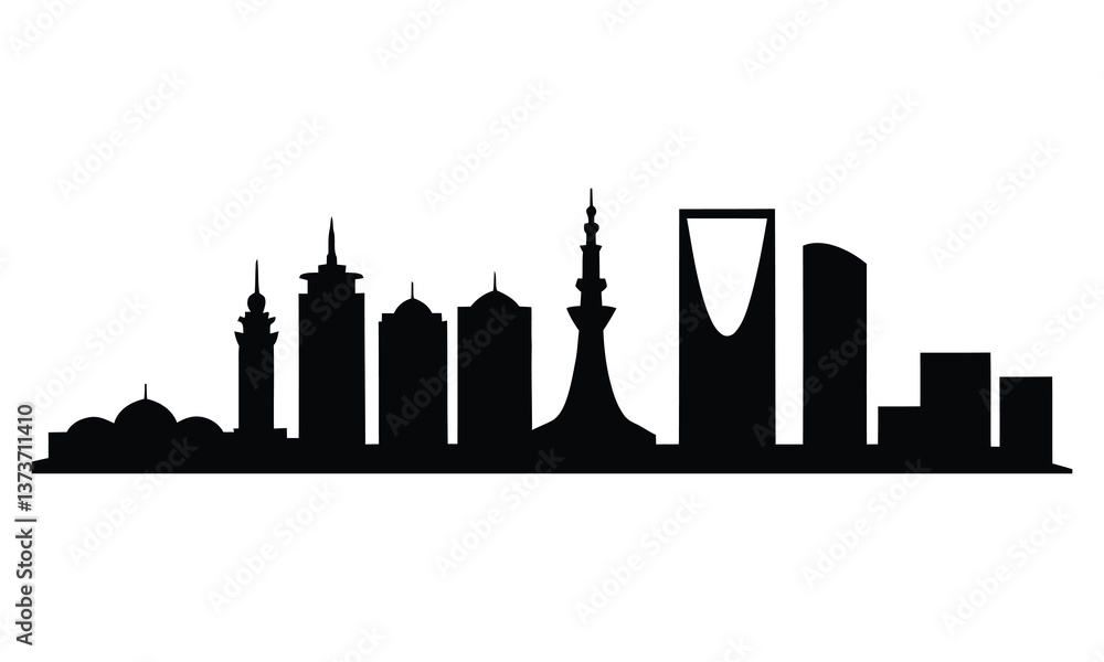 Fototapeta premium Jeddah City Skyline Silhouette, Vector, Icon, Logo, White Background.