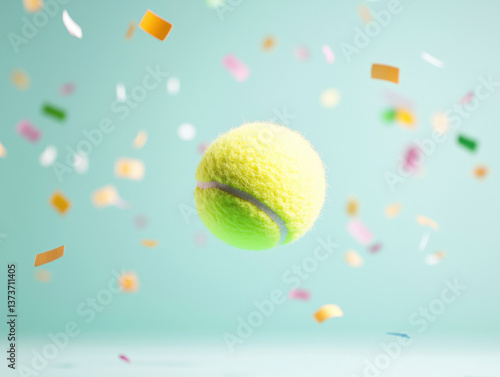 vibrant tennis ball floats in mid air, surrounded by colorful confetti, creating festive and energetic atmosphere. bright yellow color of ball contrasts beautifully with soft pastel background