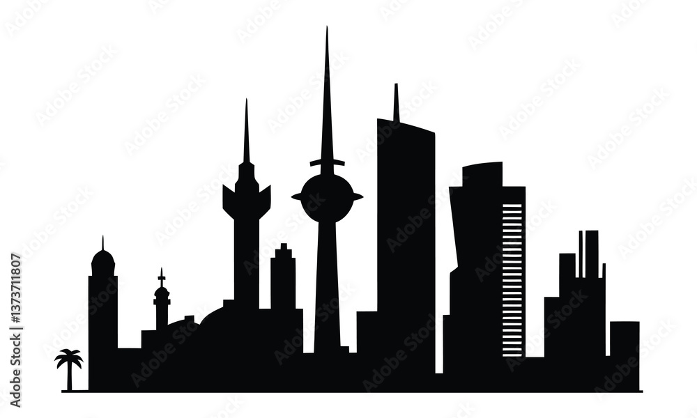 Fototapeta premium Kuwait City Skyline Silhouette, Vector, Icon, Logo, White Background.