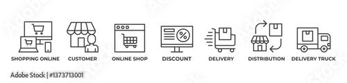 Seamless Shopping Icons set vector illustration with Shopping Online, Customer, Online Shop, Discount, Delivery, Distribution, Delivery Truck